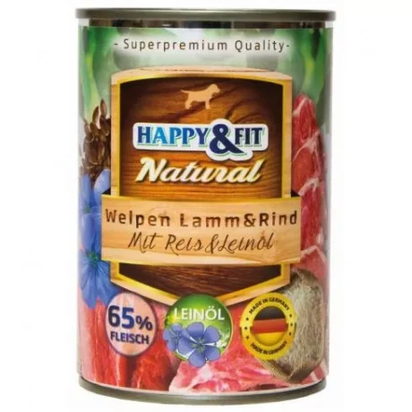 Happy&Fit Natural Dog Konzerv Junior Bárány & Marha Rizzsel & Lenmagolajjal 400g